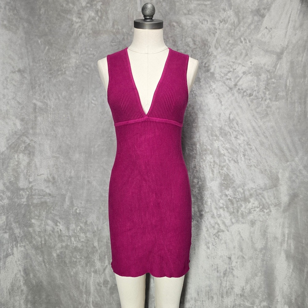 House of Harlow 1960 Ribbed V Neck Bodycon Mini Dress Fuchsia Pink‎ Small Chic